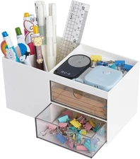 LETURE Office Desk Organizer with Drawer Pen Pencil Card Mobile Storage Box