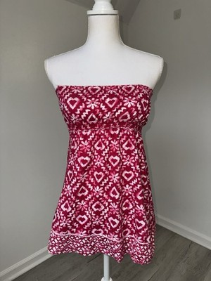 So Wear It Declare Strapless Smocked Top Pink White Heart Floral Print L Y2K