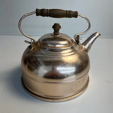 Vintage Metal Tea Kettle With Wood Handles Mid Century Style