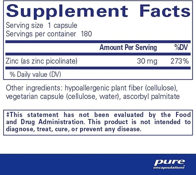 Pure Encapsulations Zinc 30 mg Sistema Inmunológico Apoyo Crecimiento Desarrollo EXP 8/27 Foto 2 de 4