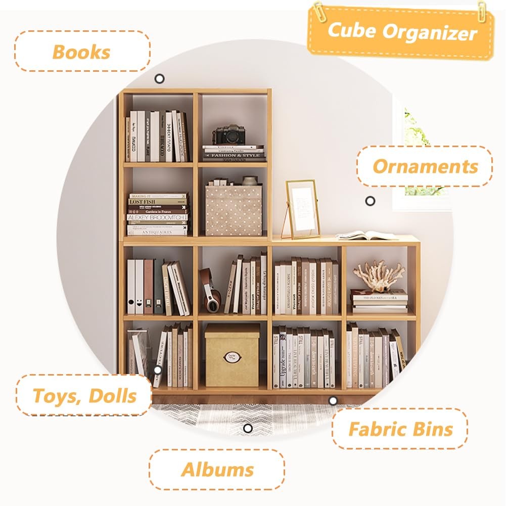 NELYE 8-Cube Organizer Bookcase Fabric Storage Bins Open Shelf Oak