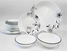 ❤️ 16-pc Corelle INKED POPPY DINNERWARE SET Plates Bowls BLACK FLORAL on WHITE