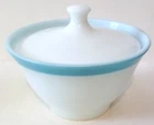 VTG PYREX MILK GLASS TURQUOISE BLUE BAND SUGAR BOWL W/LID