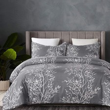 Lightweight Cooling Microfiber Duvet Cover Queen Size, Grey and White Floral ...