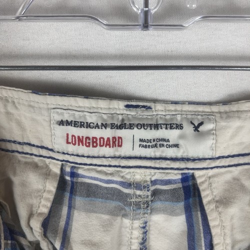 American Eagle Classic Longboard Shorts Mens 33 White Blue Plaid Flat Front AEO - Picture 3 of 9
