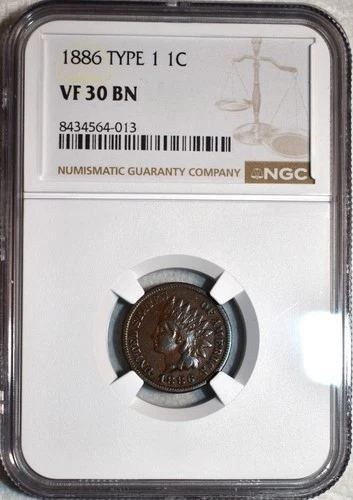 NGC VF-30 BN 1886 Type 1 Indian Head Cent, Pleasing, Circulated specimen.