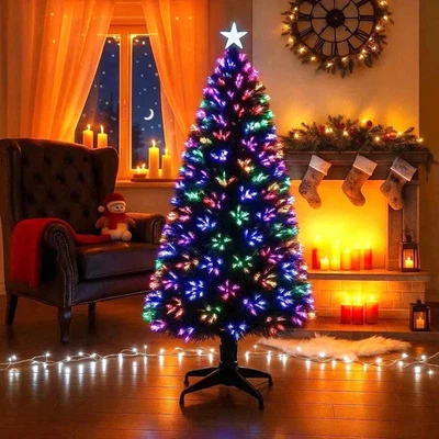 HOMION Fiber Optic Christmas Xmas Tree Pre Lit Colour Changing LED Lights Star Green