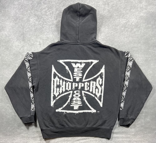 Y2K West Coast Choppers Black Hoodie Size M WCC Cross Logo Sleeves