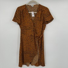 J. Crew Cheetah Print Drapey Twill Wrap Dress Orange Short Sleeve Midi Size 2