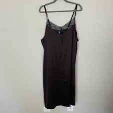 Cacique Sleep Hammered Satin Midi Chemise Slip Dress Lace Trim Brown Size 22 24