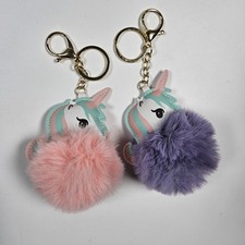 Unicorn Keychain Bag Charm Girls Pink Purple Glitter Pom Pom 2 Pack Bundle NEW