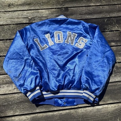 Vintage Detroit Lions Jacket Sz L Blue Locker Line NFL Satin Spellout *STAINS*