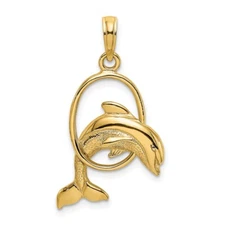 10k Yellow Gold Polished Dolphin Jumping Through Hoop Charm Pendant 1.44g