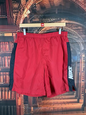 Nike Vintage Badeshorts rot Mesh gefüttert Swoosh Spellout Badehose Herren Größe Medium