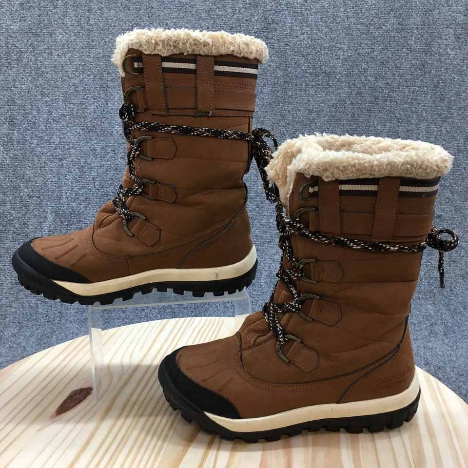Bearpaw 防水冬季靴女式 9 Desdemona 棕色皮革夏尔巴人系带 — 第 2/4 张图片