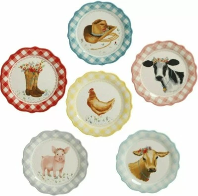 THE PIONEER WOMAN Pioneer Woman Gingham 7" Appetizer Plate, Cows Chicken Boots Hat Pig YOU CHOOSE