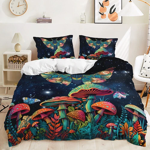 Mushroom Hedgehog Butterfly Blue Purple Pink Doona Duvet Quilt Cover Bed Set - Bild 20 von 32