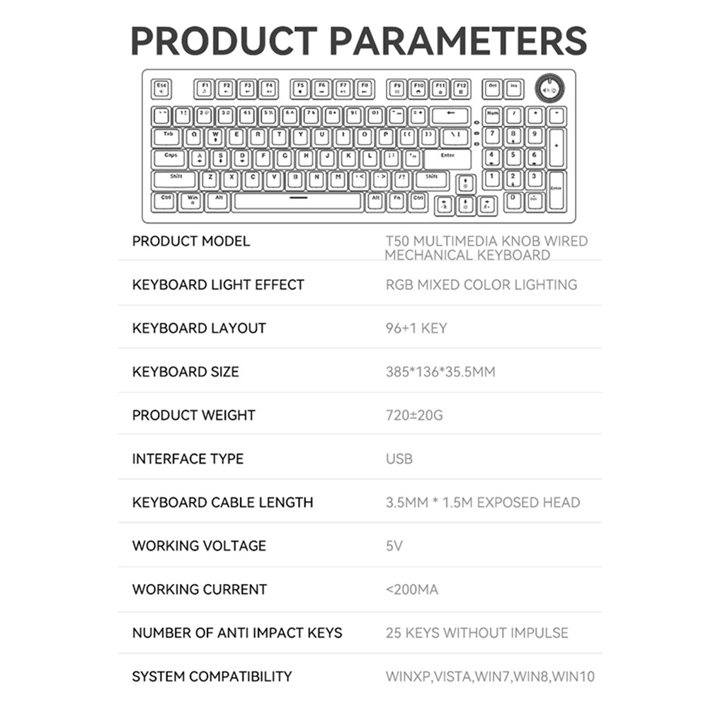 T50 96+1 Key Wired Mechanical Gaming Keyboard with High-Quality D3W1 Switches