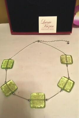 QVC Lainie Kazan Necklace Green Glass 1'' Square Gold inserts 16-20'' L New w Tag