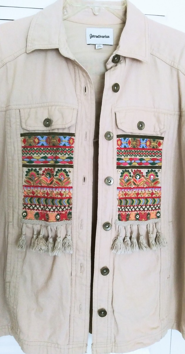 Stradivarius Jacket Women Large Beige Denim Aztec Western Boho