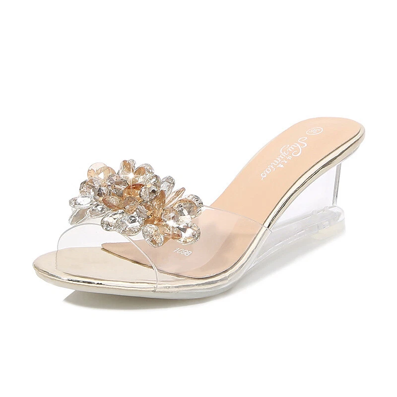 PANTOFOLA D’ORO Ciabatte donna zeppa tacco trasparente punta aperta slip on strass trasparenti scarpe