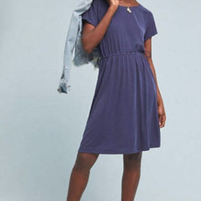 ANTHROPOLOGIE WOMEN'S NAVY BLUE SHORT SLEEVE CUPRO RIBBED WAISTED DRESS Sz S