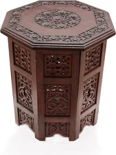 Solid Wood Accent End Table - Hand Carved Vintage Boho Folding Side Table - Smal