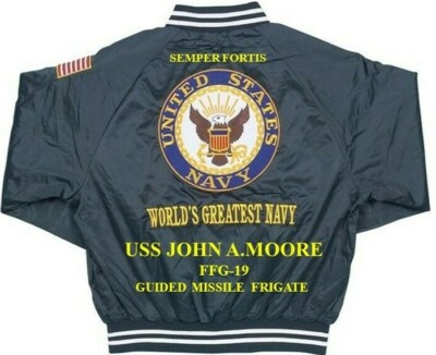 USS JOHN A MOORE  FFG-19  MISSILE FRIGATE  EMBROIDERED SATIN JACKET(BACK ONLY)