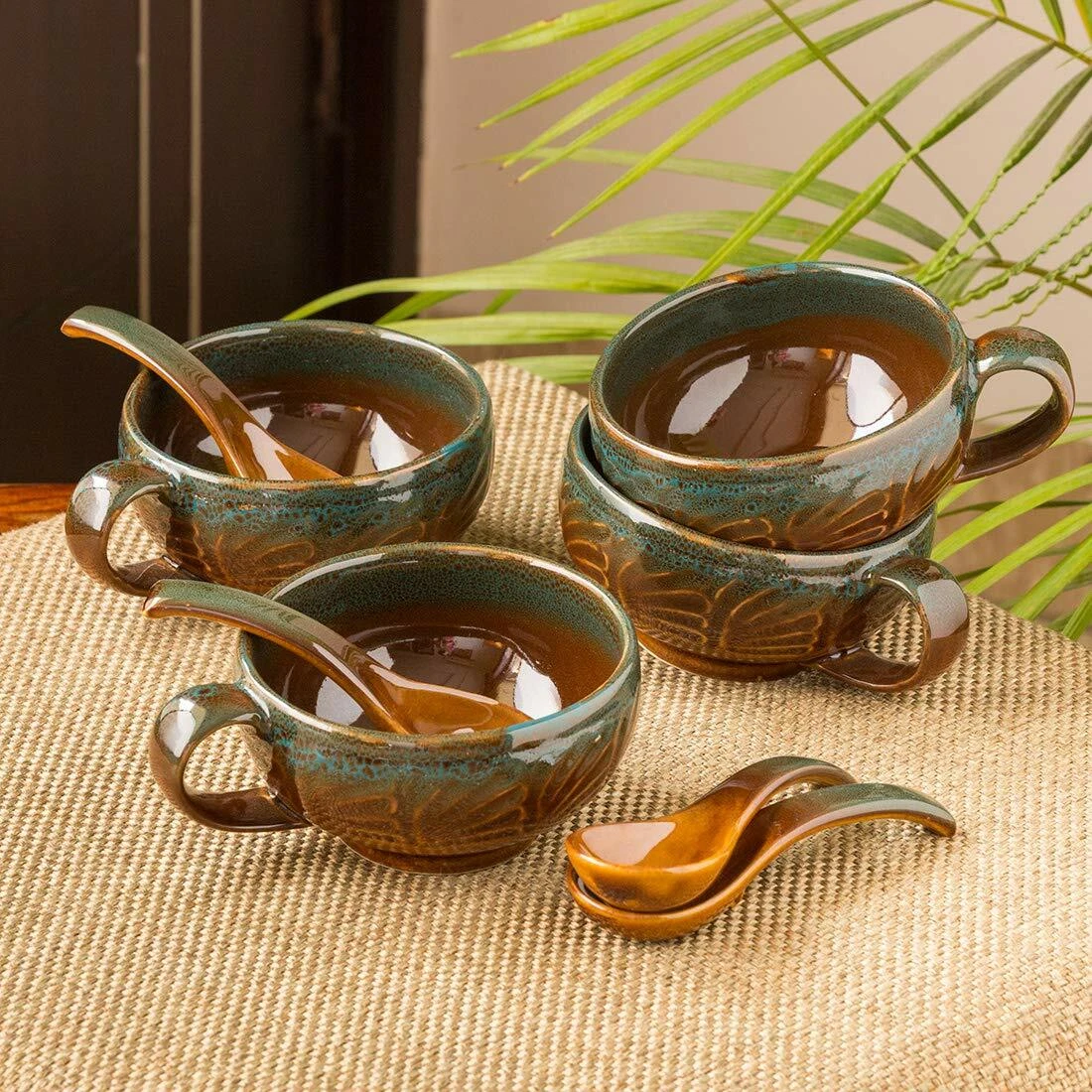 Ceramic Handled Soup Bowl Set with Spoon ( 300ml, Amber, Teal