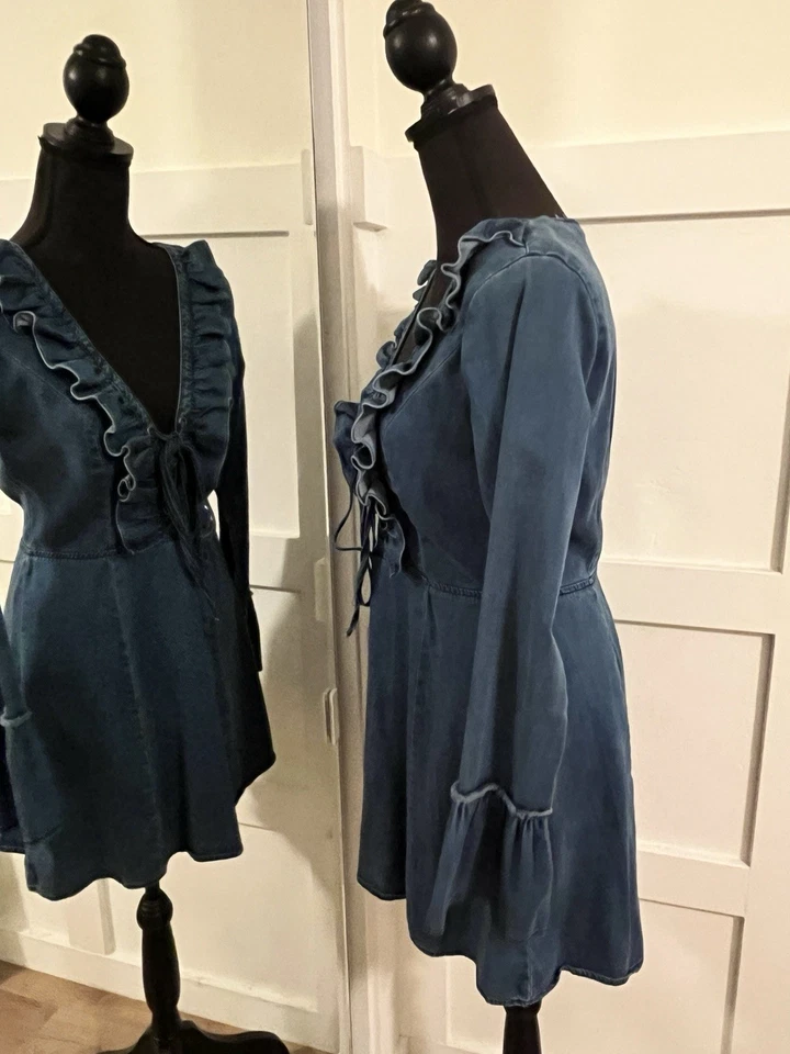 A’GACI Denim Short Dress Blue Ruffle Long Bell Sleeves SZ M - Image 3 of 4
