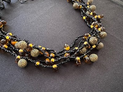 Vintage Ethno Tribal schwarz gelb Glasperlen Multi Strang Statement Halskette