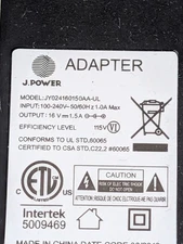 J Power AC/DC Adpter Model #JY024160150AA-ULOutput 16V..1.5A