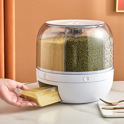 6 Grid Rice & Grain Storage Container, 360° Rotating Dry Food Dispenser Grain Fo