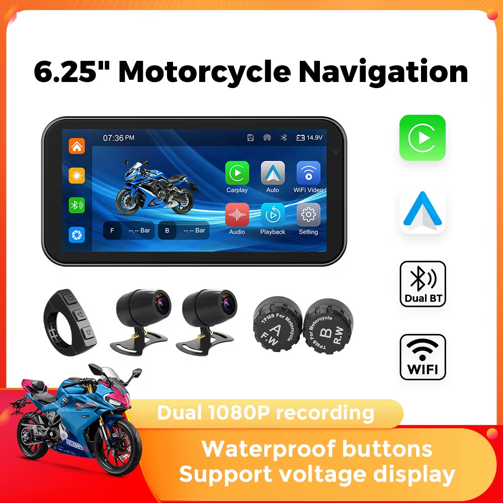 GPS Moto Étanche IP67 Android Auto sans fil et écran tactile tactile 6,25" avec DVR