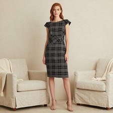 Preppy Midi Dress Grey Black Check Wool Blend Pencil Cap Sleeve Coastal US 10