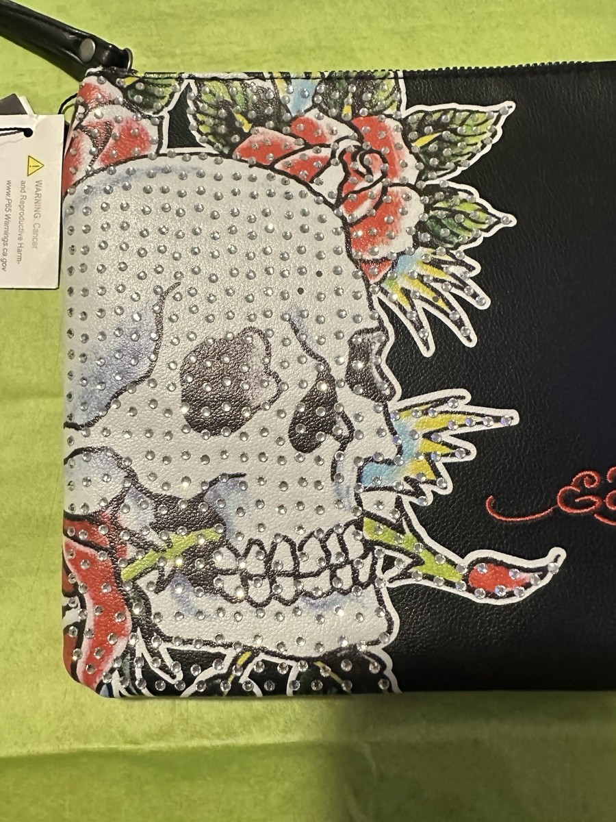リクエスト品 Ed Hardy Square Wristlet Skull Logo Embroidered Rhinestone Zipper