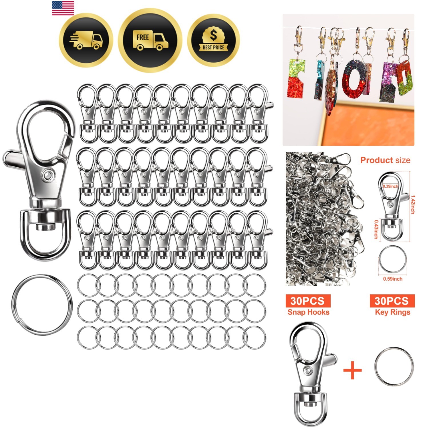 Keychain Making Kit 60pcs Silver Lobster Claw Clasps and Key