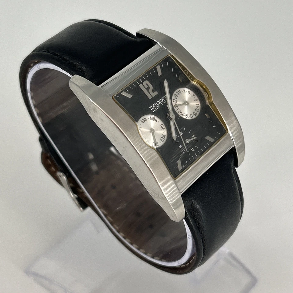 ESPRIT Men's Watch Tank Style Silver Tone Dial Black Leather Band NEW BATTERY - Image 3 of 4