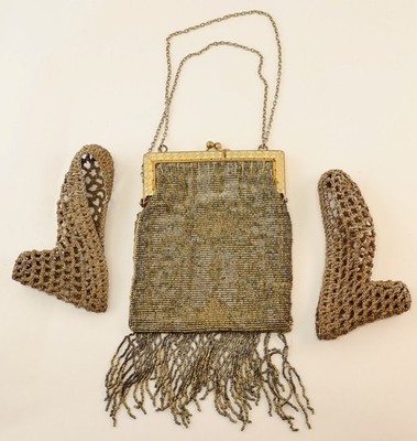 Vintage MADE in FRANCE Micro Beaded Fringe Purse + 2 Small Metal Thread Shoes