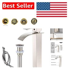 Contemporary Brushed Nickel Waterfall Faucet for Vessel Sinks, Includes Drain