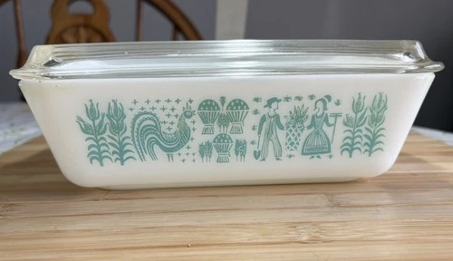 PYREX 503 Refrigerator Dish Vintage 1950s Amish Butterprint Turquoise W/ Lid