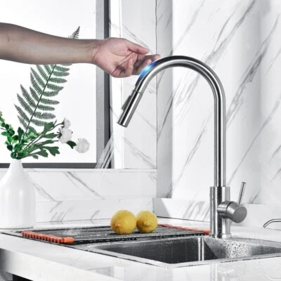 TOPSHOWER Touch Sensor Kitchen Sink Faucet Pull Down Sprayer Single Handle Brass Mixer Tap