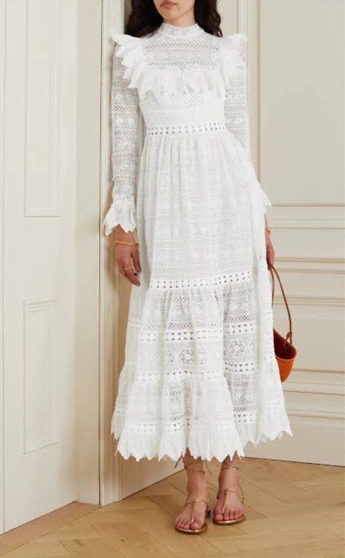 RARE Zimmermann Ruffled Tiered Crocheted-Lace Midi Dress Size 2