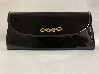 Chamelle Essell 60er Jahre doppelseitig schwarz Lack Vintage Clutch Tasche Stofffutter