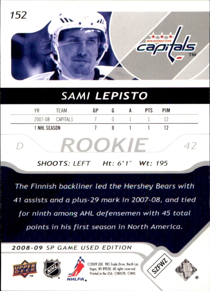2008-09 SP Game Used #152 Sami Lepisto RC SERIAL #414/999 WASHINGTON CAPITALS - Image 2 of 2