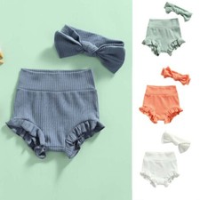 Newborn Kids Baby Girls Clothes Stripes Solid Ruffle Short Pants Headband Outfit