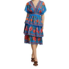 NWT Farm Rio Tropical Tapestry Blue Lace Layered Midi Dress Size XS