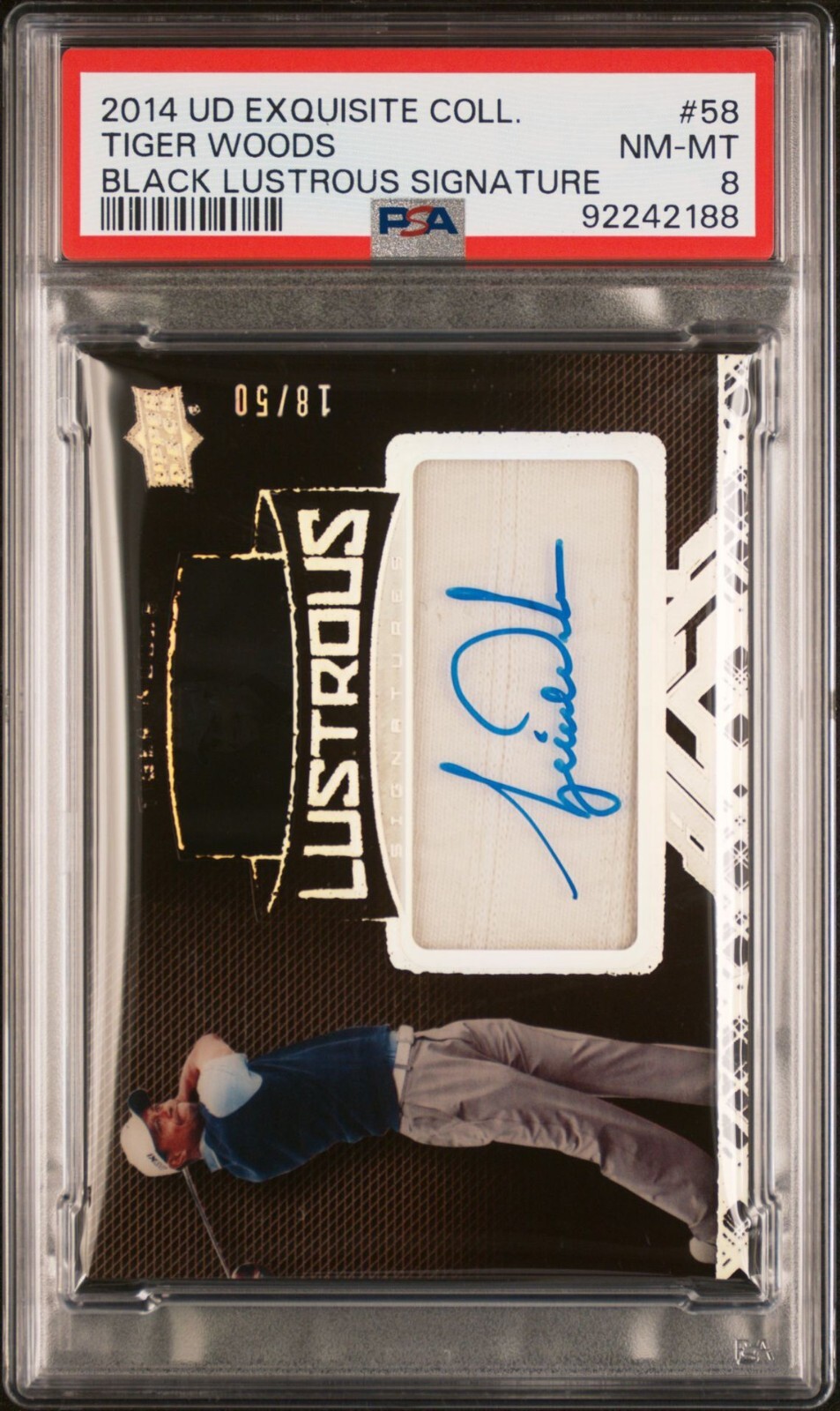 Tiger Woods 2014 UD Exquisite AUTO BLACK LUSTROUS #18/50 PSA 8 NM-MT 