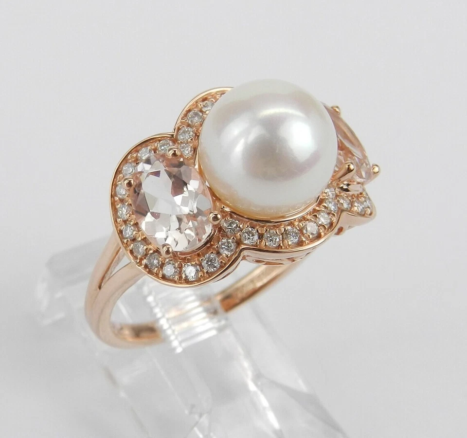 Anillo de compromiso enchapado en oro rosa de 14 quilates tamaño morganita natural y perlas de 3,55 quilates Foto 3 de 4