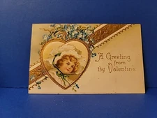 Antique 1909 A GREETING FROM THY VALENTINE Postcard Victorian GIRL Heart Flowers